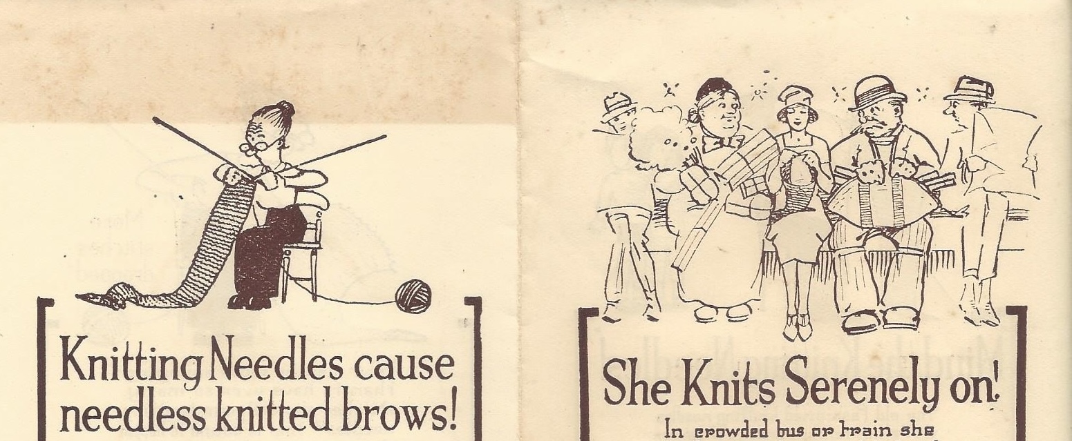 Promotional leaflet for Flexiknit (1920s), showing the old-fashioned knitter with her dangerous, slippery double pointed needles and the 'modern girl' with her circular needle